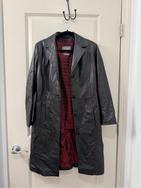 Vintage Y2K 90s Wilson’s Leather Trench Coat Black Long Jacket